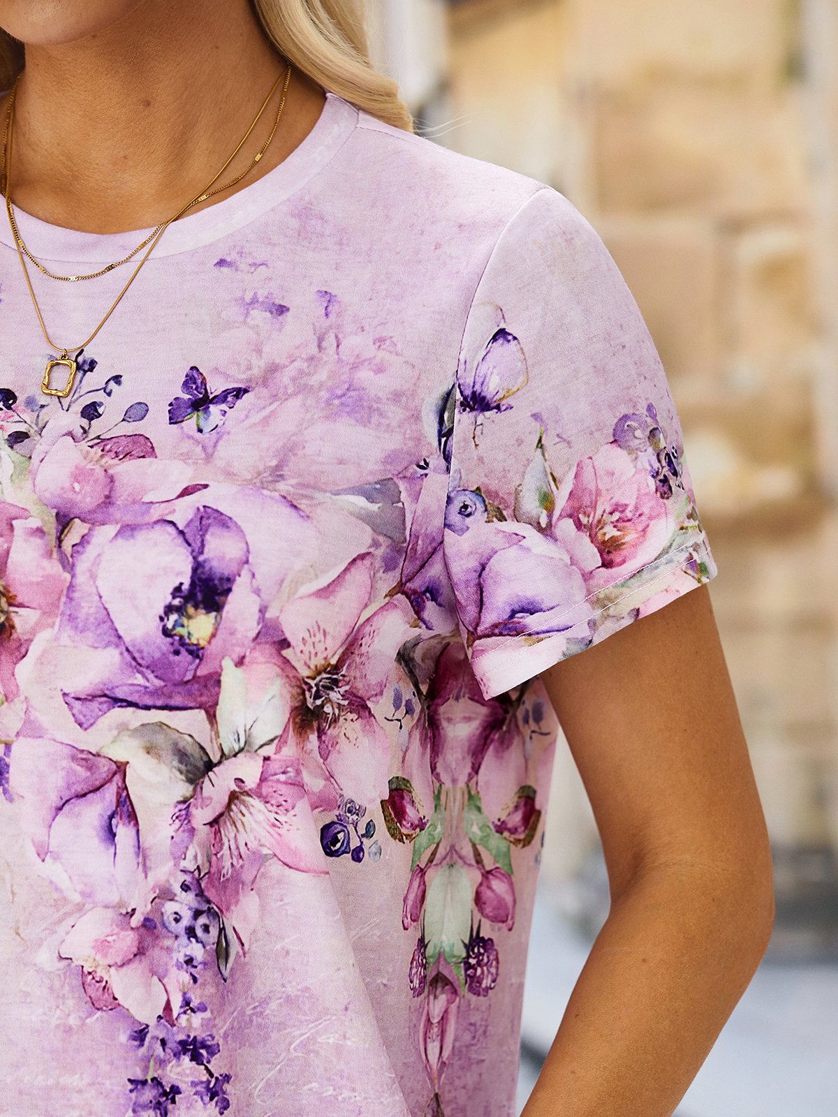 Floral Pescoço tripulação Solto Casual Camisa