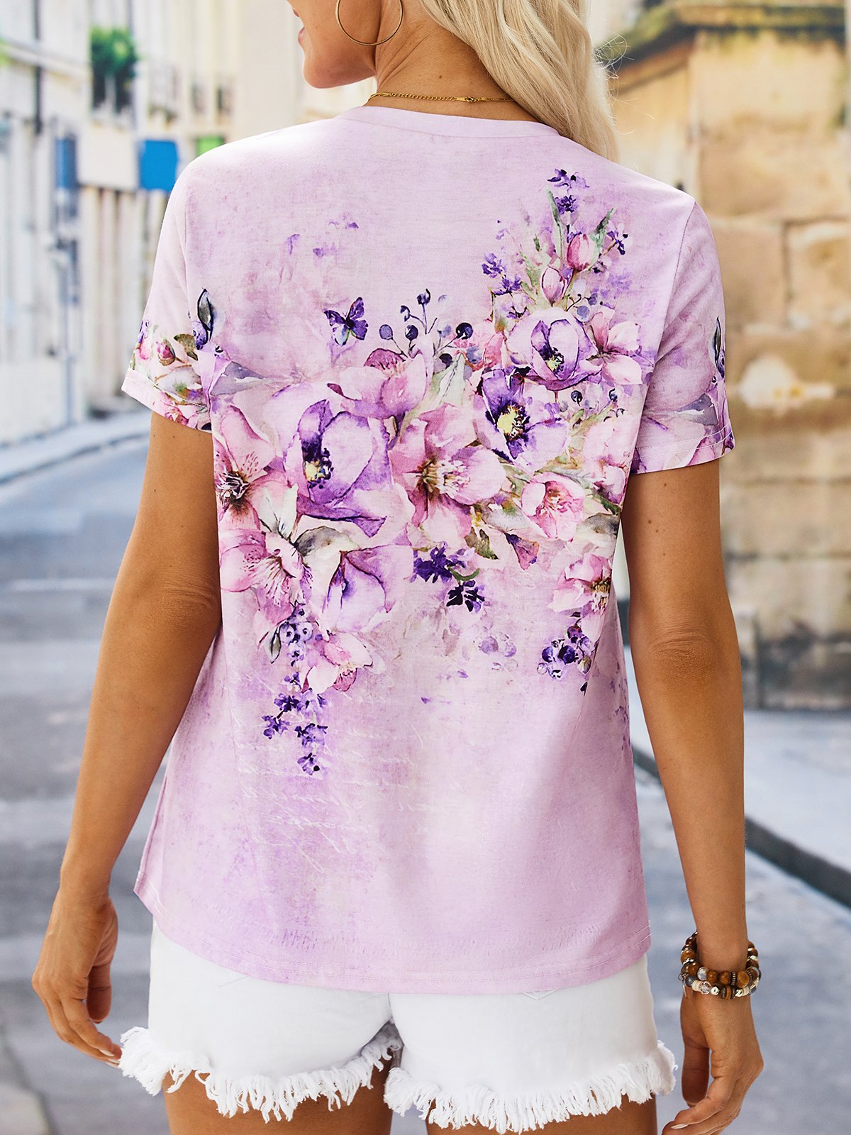 Floral Pescoço tripulação Solto Casual Camisa