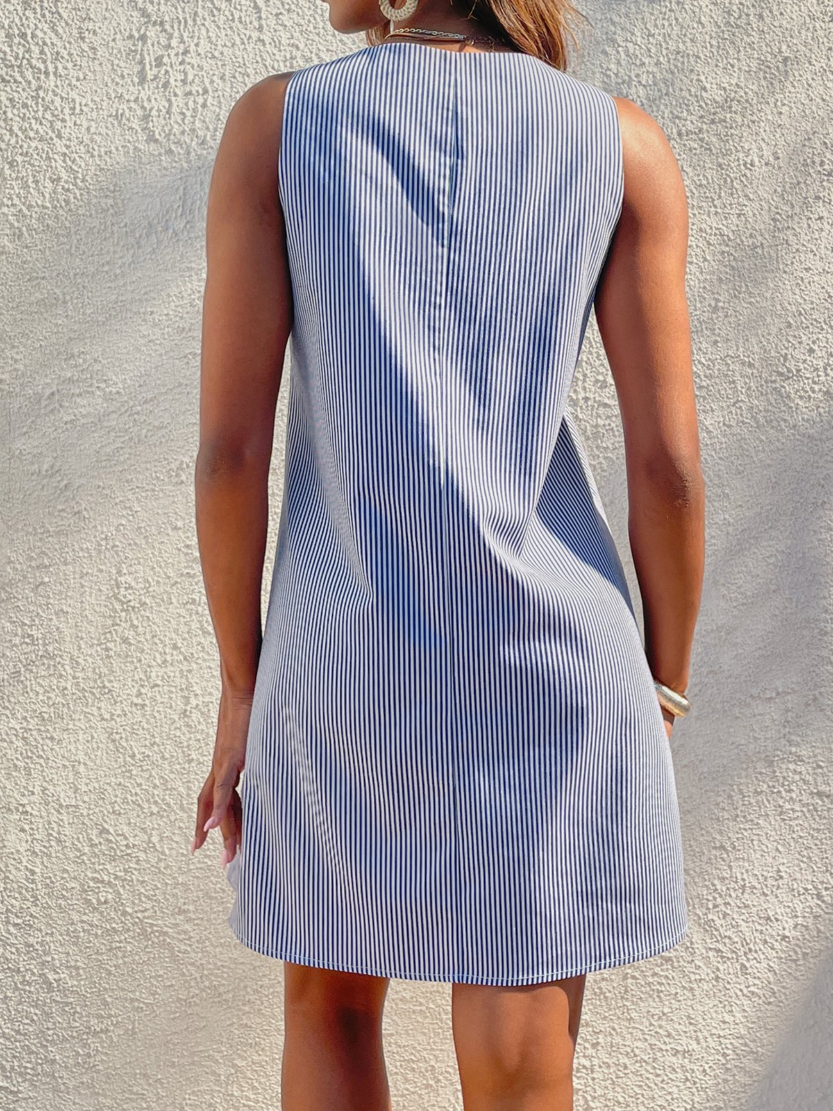 Pescoço tripulação Mulher Tecelagem Vestido Shift Diário Boêmio Bolsos Listrado Tecelagem Vestido