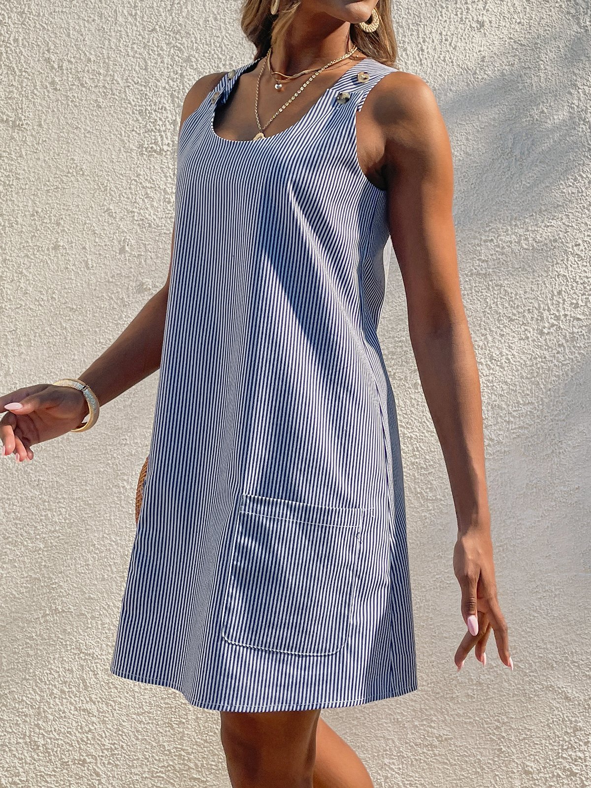 Pescoço tripulação Mulher Tecelagem Vestido Shift Diário Boêmio Bolsos Listrado Tecelagem Vestido