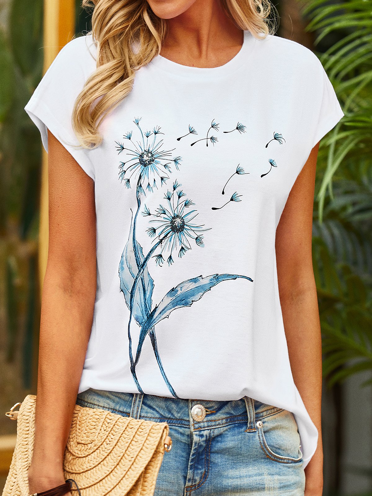 Casual Dente de leão Manga Curta Pescoço tripulação Impresso Topo Camisa