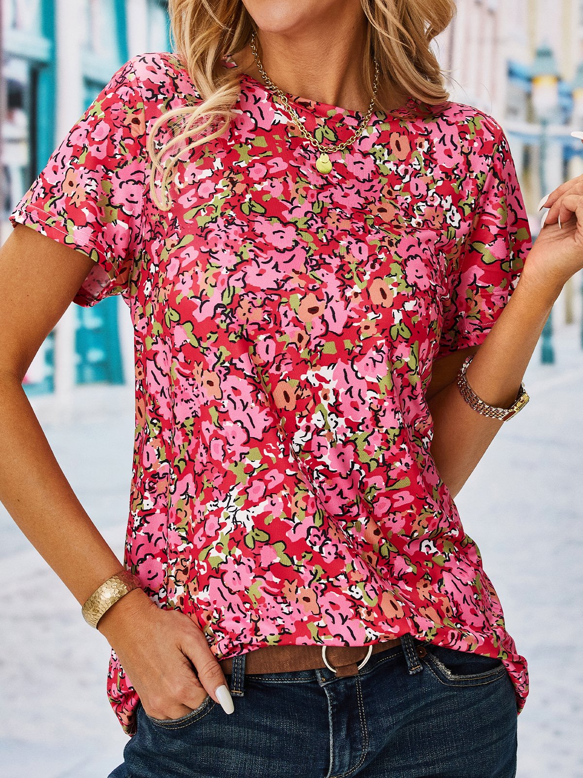 Floral Casual Pescoço tripulação Manga Curta Camisa