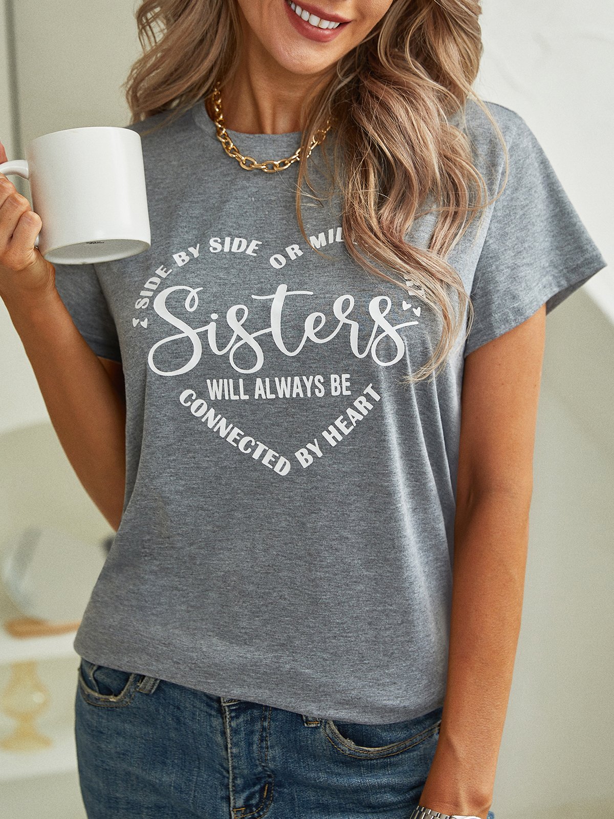 Casual Pescoço tripulação Manga Curta Solto Letras de texto Camisa