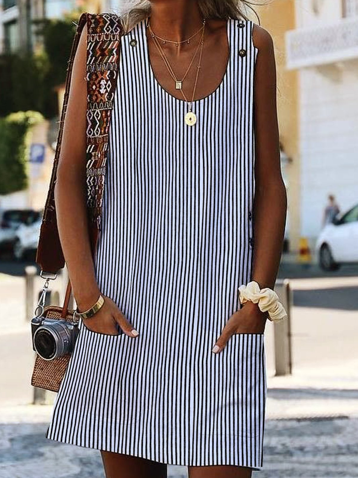 Pescoço tripulação Mulher Tecelagem Vestido Shift Diário Boêmio Bolsos Listrado Tecelagem Vestido