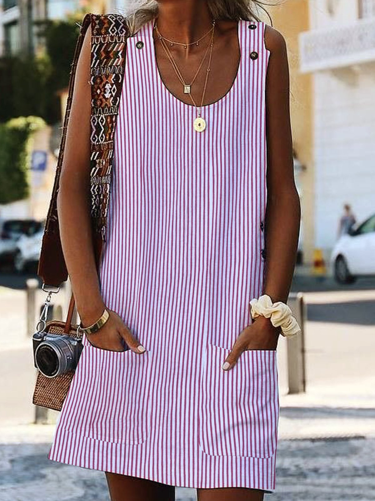 Pescoço tripulação Mulher Tecelagem Vestido Shift Diário Boêmio Bolsos Listrado Tecelagem Vestido