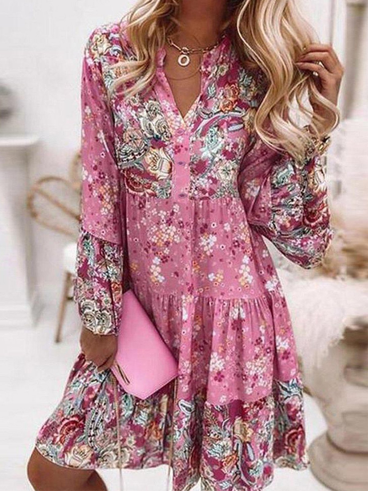 Gola  V Afrouxar Casual Manga Comprida Tecido Vestido