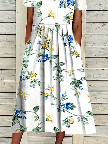 Bolsos Casual Manga Curta Tecido Vestido