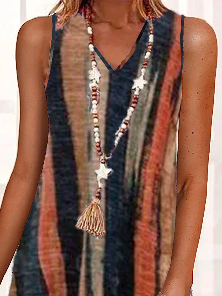 Casual Listrado Sem Manga Tecelagem Vestido