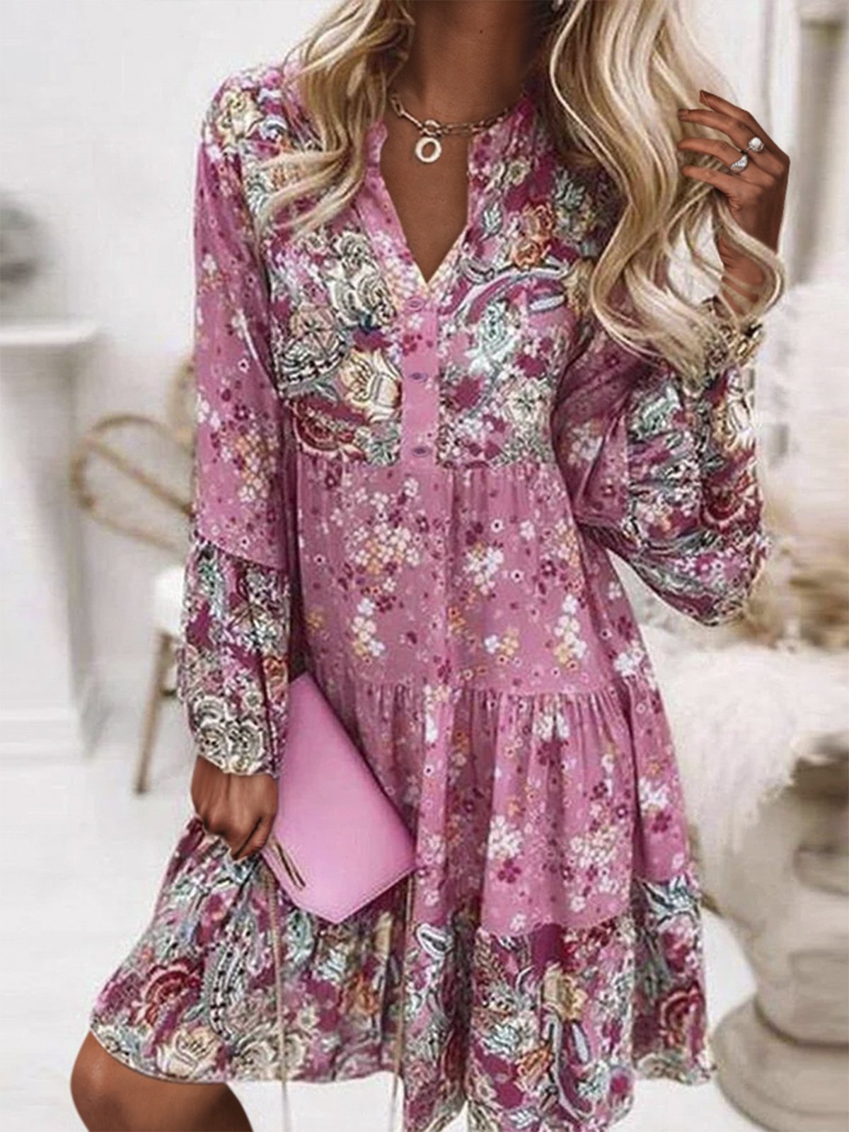 Gola  V Afrouxar Casual Manga Comprida Tecido Vestido