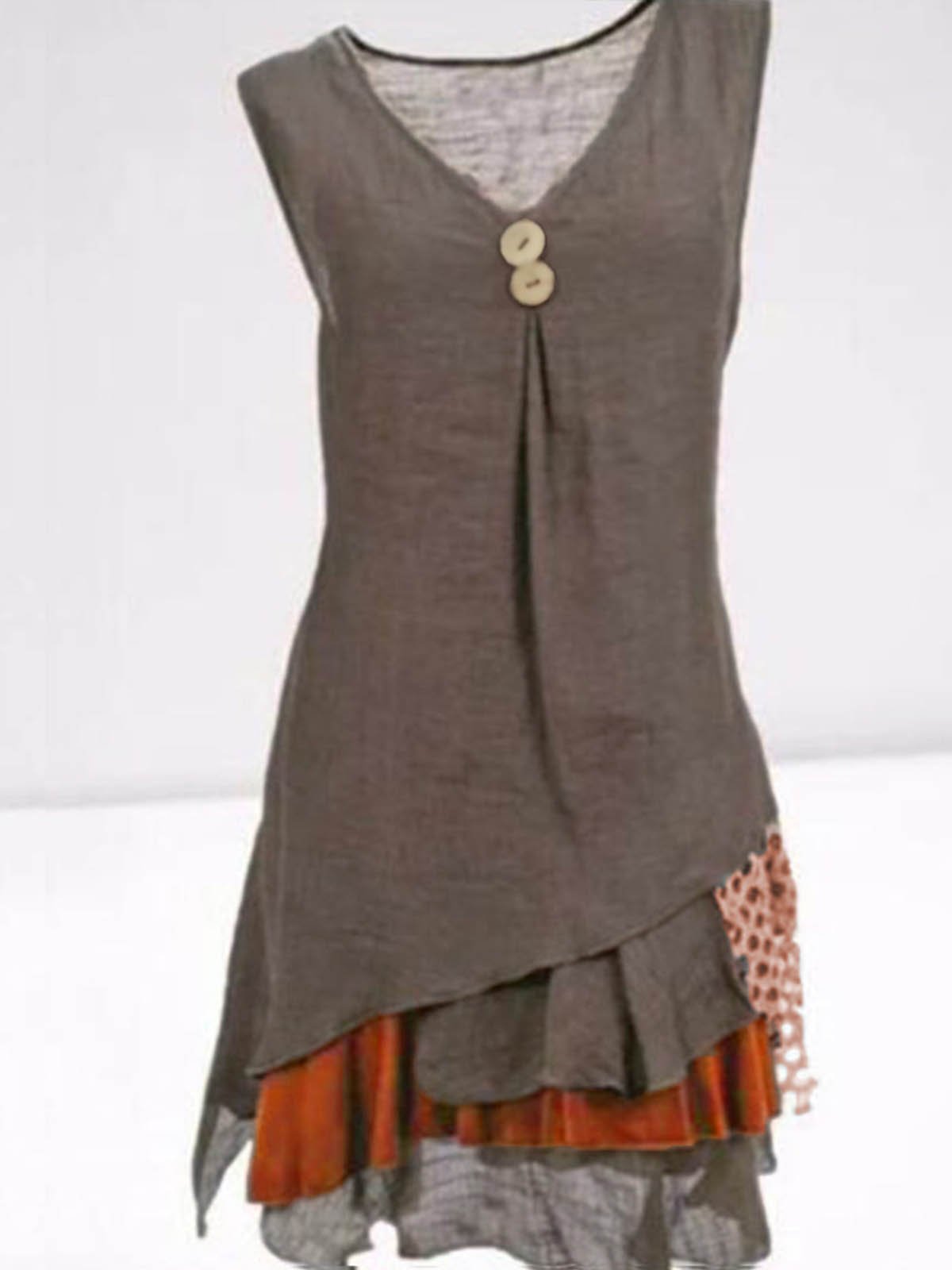 Casual Sem Manga Mistura de Algodão Tecelagem Vestido