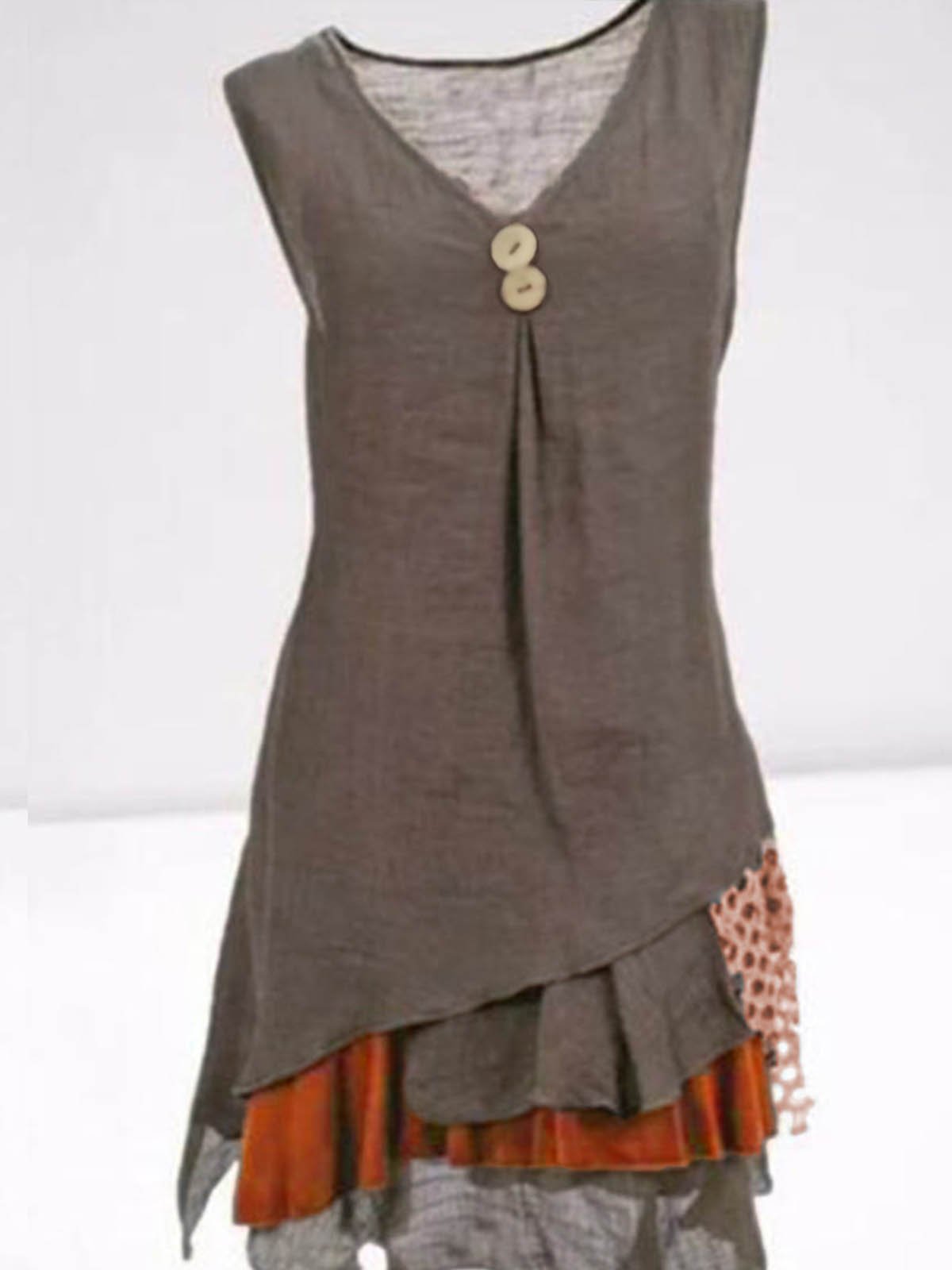 Casual Sem Manga Mistura de Algodão Tecelagem Vestido
