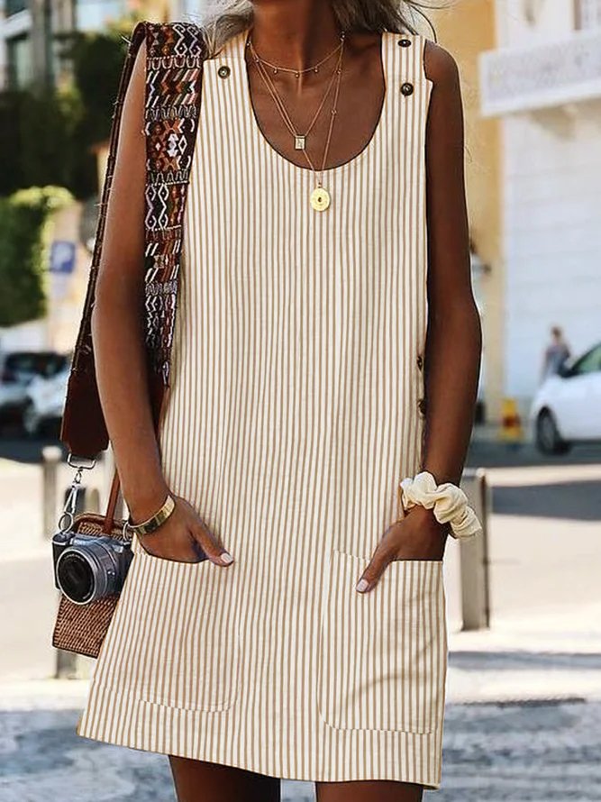 Pescoço tripulação Mulher Tecelagem Vestido Shift Diário Boêmio Bolsos Listrado Tecelagem Vestido