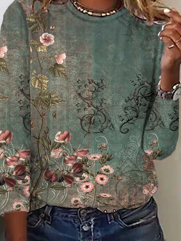 Casual Pescoço tripulação Floral Camisa