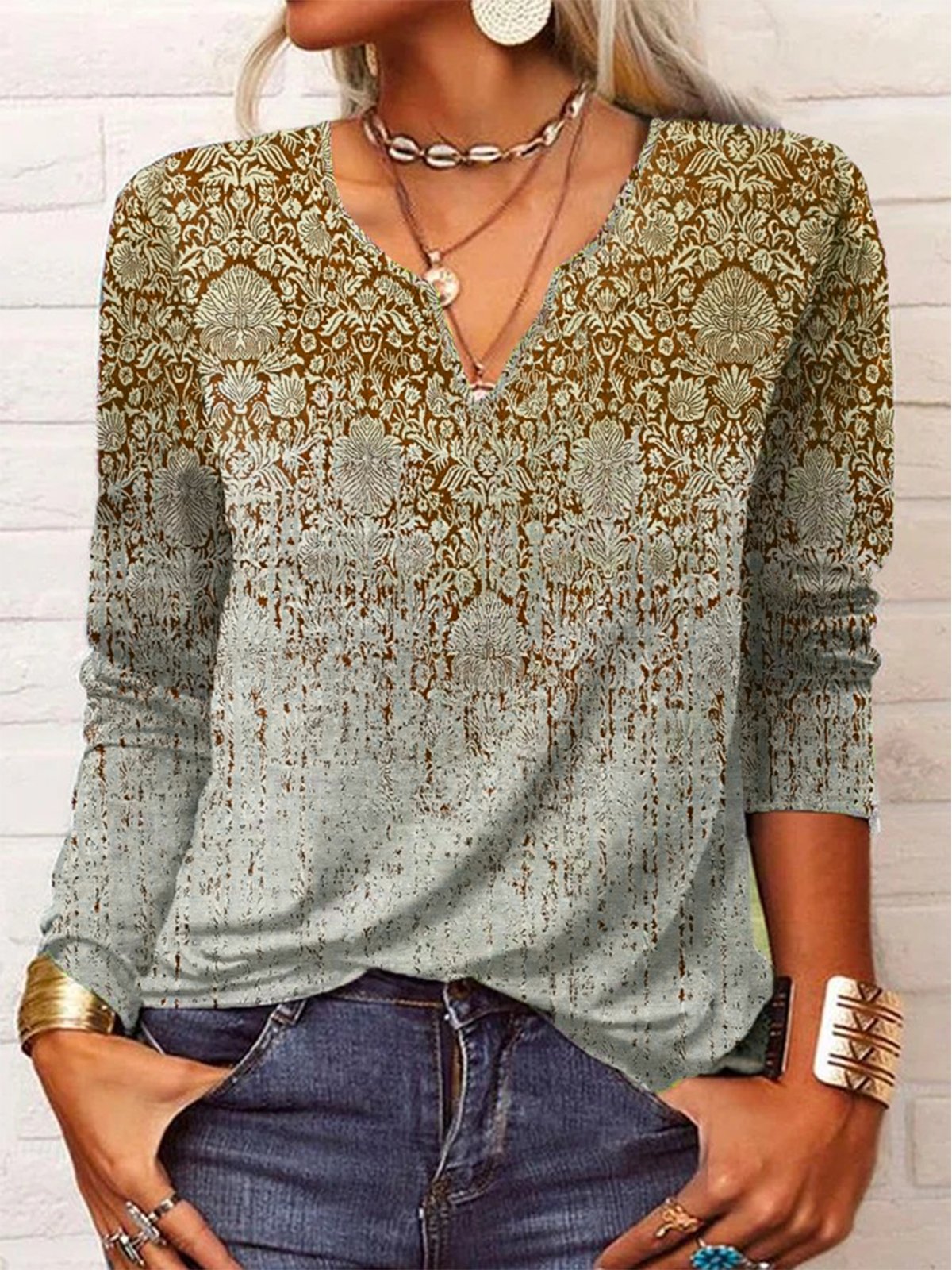 Étnico Manga Comprida Entalhado Casual Camisa