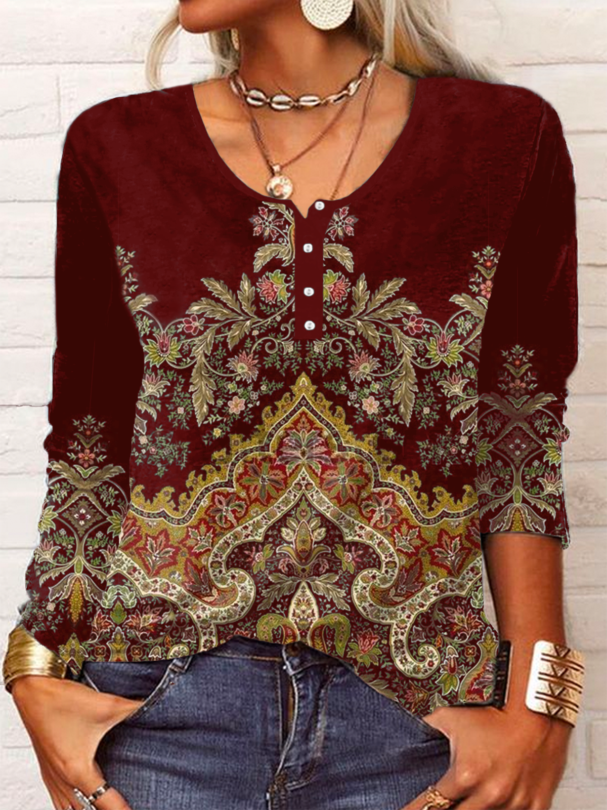Pescoço tripulação Étnico Camisa
