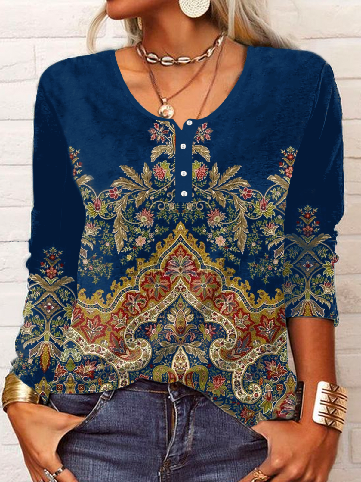 Pescoço tripulação Étnico Camisa