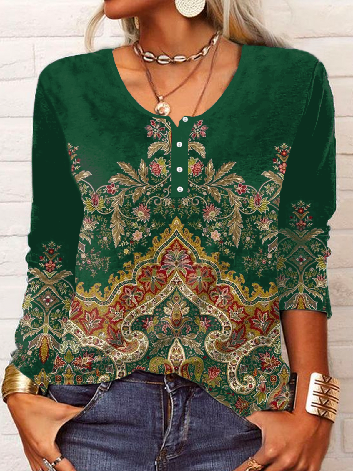 Pescoço tripulação Étnico Camisa