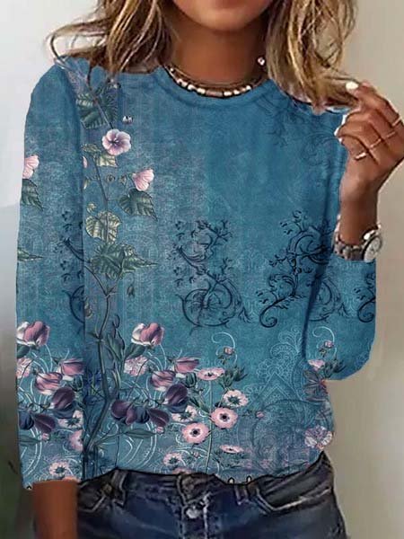 Casual Pescoço tripulação Floral Camisa