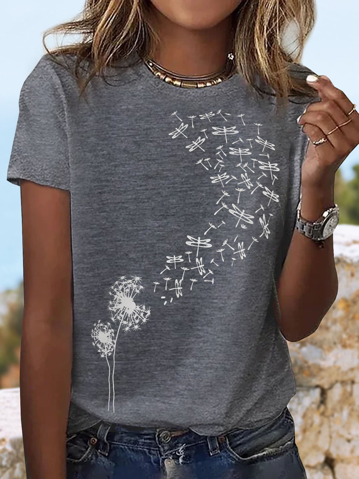 Casual Dente de leão Impresso Pescoço tripulação Jersey Camisa