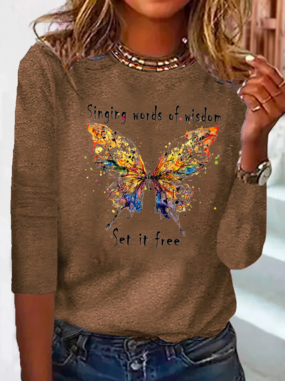 Borboleta Manga Comprida Solto Casual Camisa