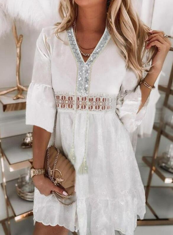 Glitter Casual Solto Gola  V Vestido