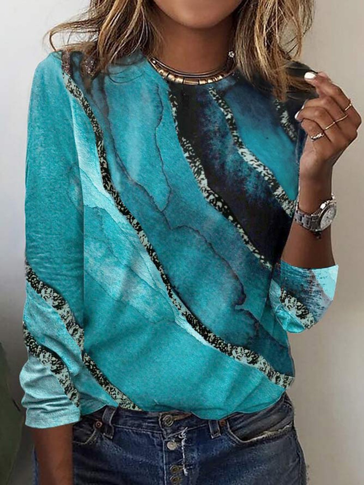Abstrato Casual Solto Manga Comprida Camisa