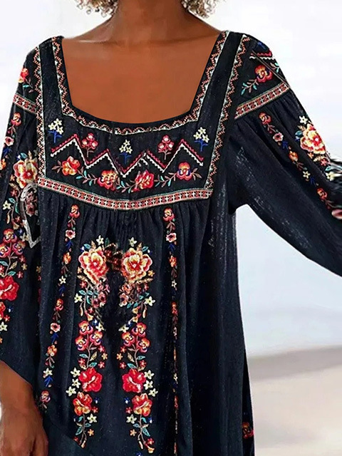 Decote Quadrado Manga Comprida Floral Regular Solto Blusa para Mulher