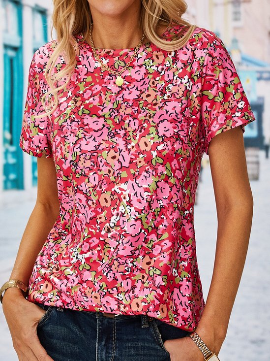 Floral Casual Pescoço tripulação Manga Curta Camisa