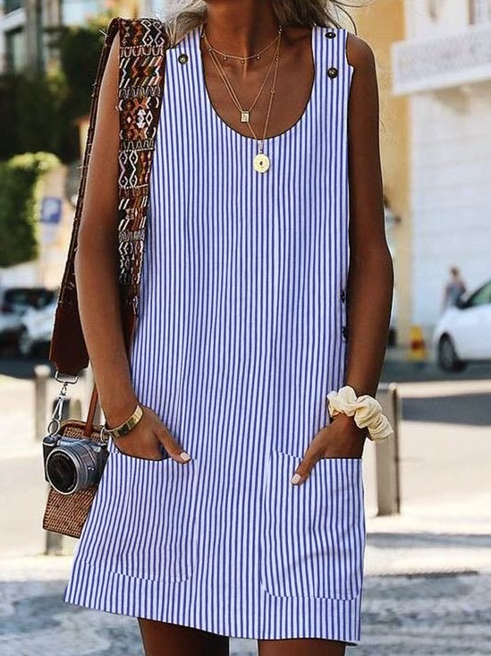 Pescoço tripulação Mulher Tecelagem Vestido Shift Diário Boêmio Bolsos Listrado Tecelagem Vestido