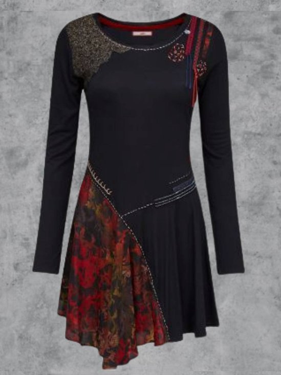 Multicolorido Mistura de Algodão Casual Manga Comprida Tricô Vestido