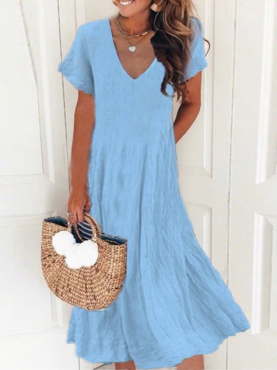 Novo Mulher Chic Retro Boêmio Hippie Manga Curta Gola  V Simples Casual Tecelagem Vestido
