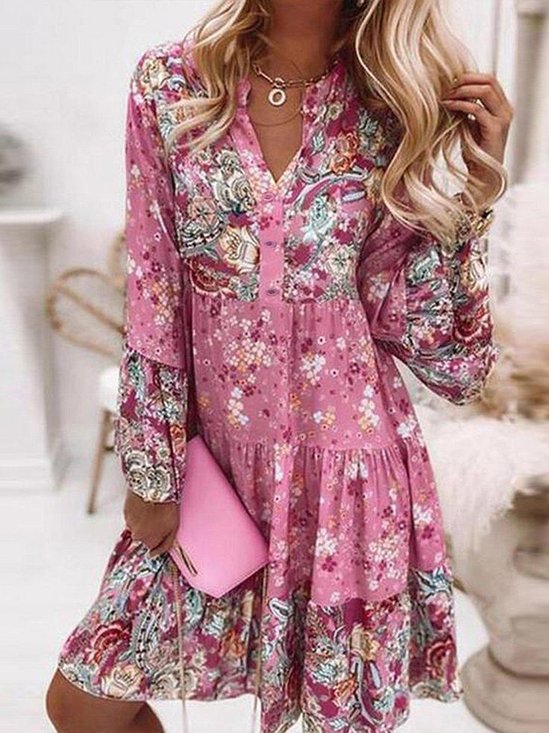 Gola  V Afrouxar Casual Manga Comprida Tecido Vestido