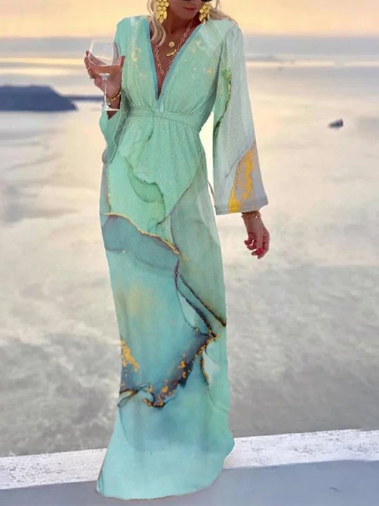 Panorama impressão Boêmio Gola  V Manga Comprida Afrouxar Linha-A Vestido