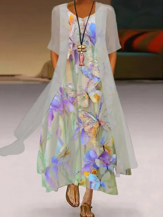Borboleta Impresso Casual Pescoço tripulação Vestido Com casaco Conjunto de duas peças