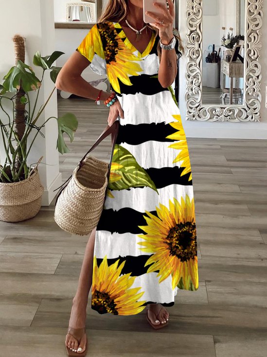 Casual girassol Manga Curta Gola  V Impresso Vestido