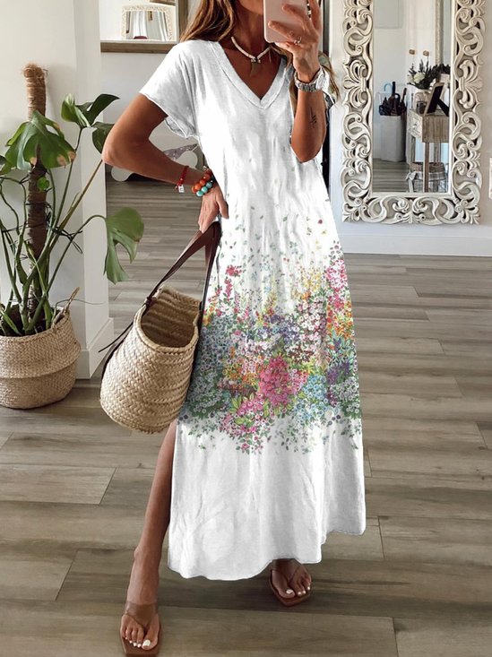 Casual Gola  V Afrouxar Manga Curta Malha Vestido