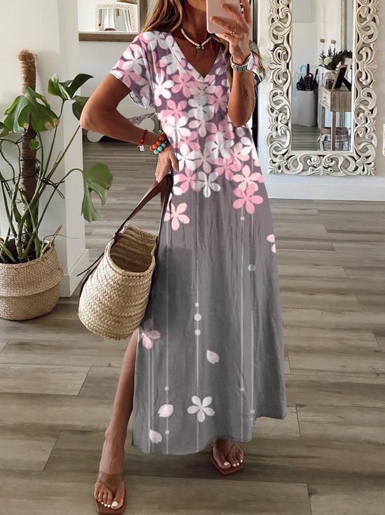 Casual Floral Manga Curta Gola  V Impresso Vestido
