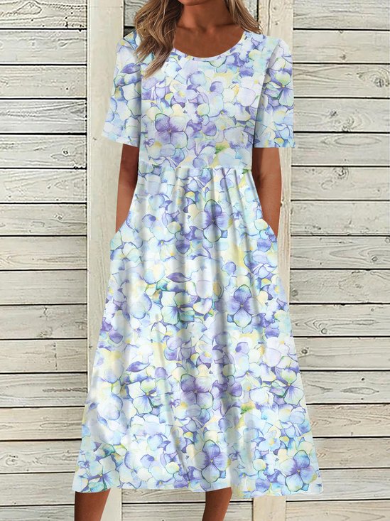 Floral Manga Curta Tecido Vestido
