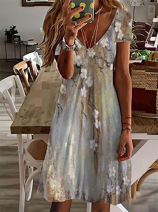 Floral Casual Gola  V Manga Curta Vestido