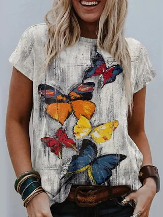 Casual Pescoço tripulação Borboleta Afrouxar Manga Curta Camisa