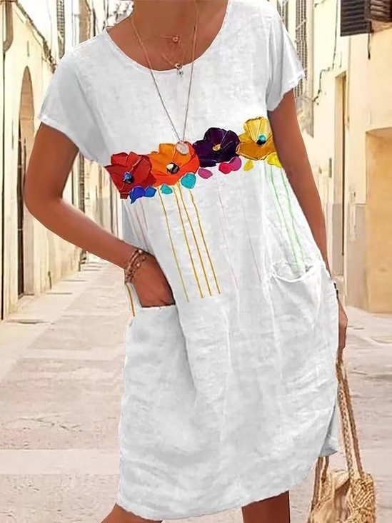 Casual Afrouxar Floral Bolsos Vestido Midi