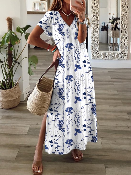 Floral Gola  V Manga Curta Casual Vestido