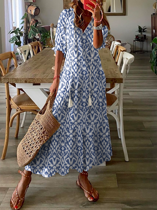 Casual Gola  V Geométrico Impresso Vestido