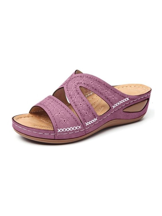 Floral Bordado Cutout Boêmio Casual Cunha Slides