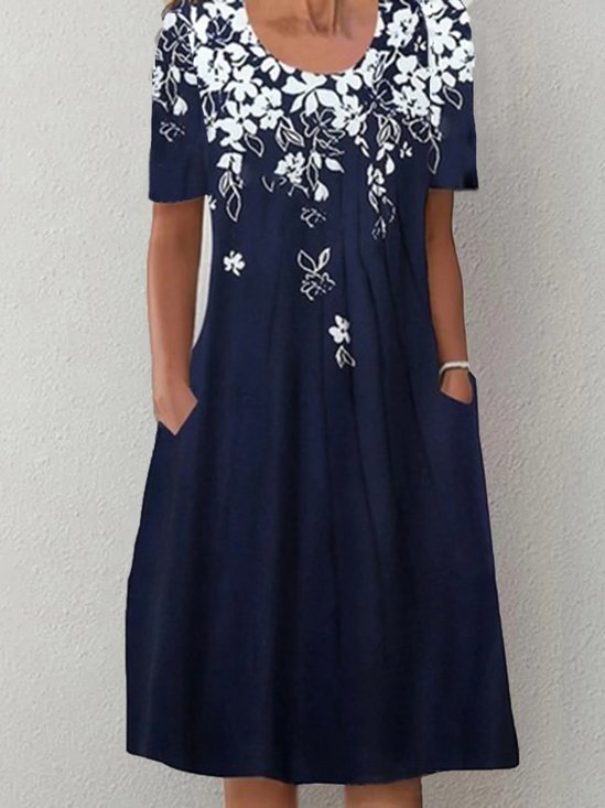 Floral Casual Manga Curta Bolsos Linha-A Vestido