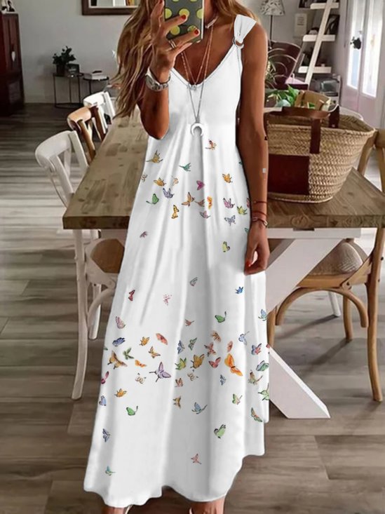 Casual Borboleta Sem Manga Gola  V Impresso Vestido
