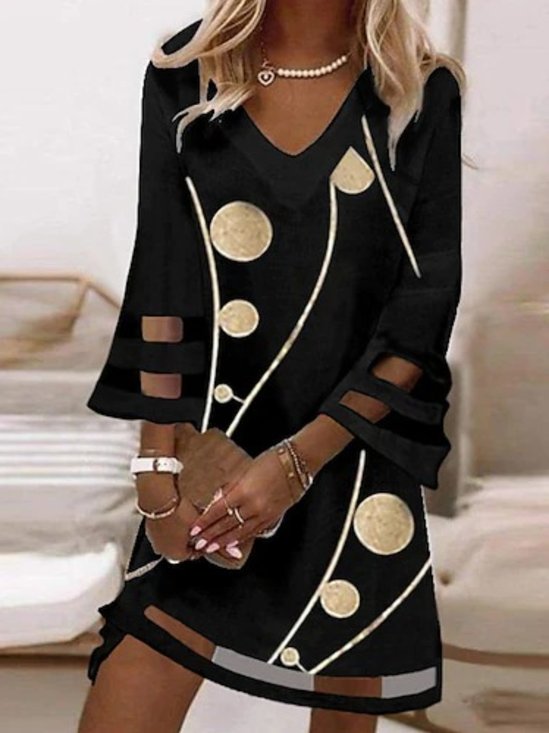 Casual Geométrico Gola  V três Trimestre Solto Vestido