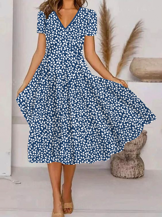 Floral Impresso Gola  V Casual Vestido