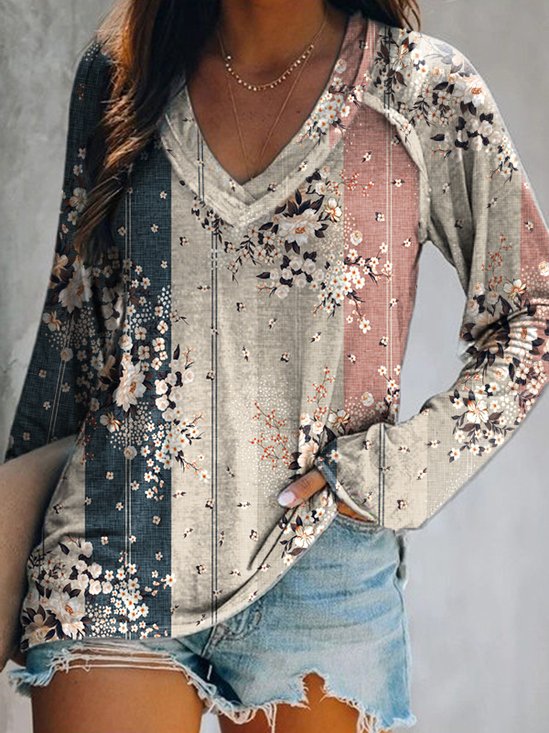 Manga Comprida Gola  V Floral Casual Camisa