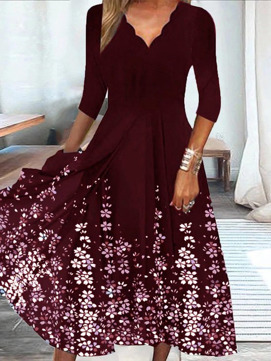Floral Casual Gola  V Linha-A três Trimestre Vestido